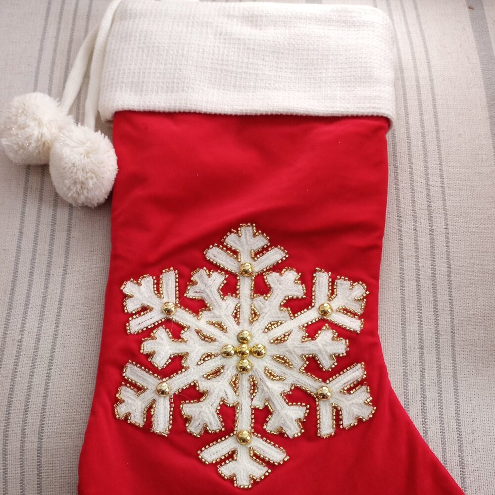 Pair of Christmas Stockings Red Velvet Embellished Cream cuff/Pom Poms Lined EUC